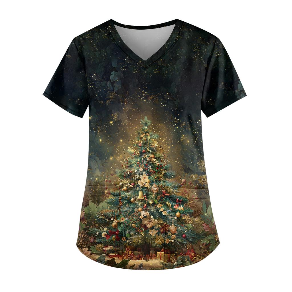 Ladies' Fashionable V-neck Pocket Short Sleeved Christmas Tree Printed Caregiver Uniform