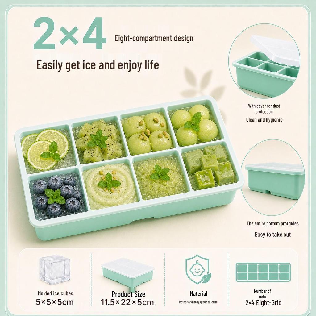 Square Ice Cube Tray with Lid - Large Silicone Mold for Home Use
