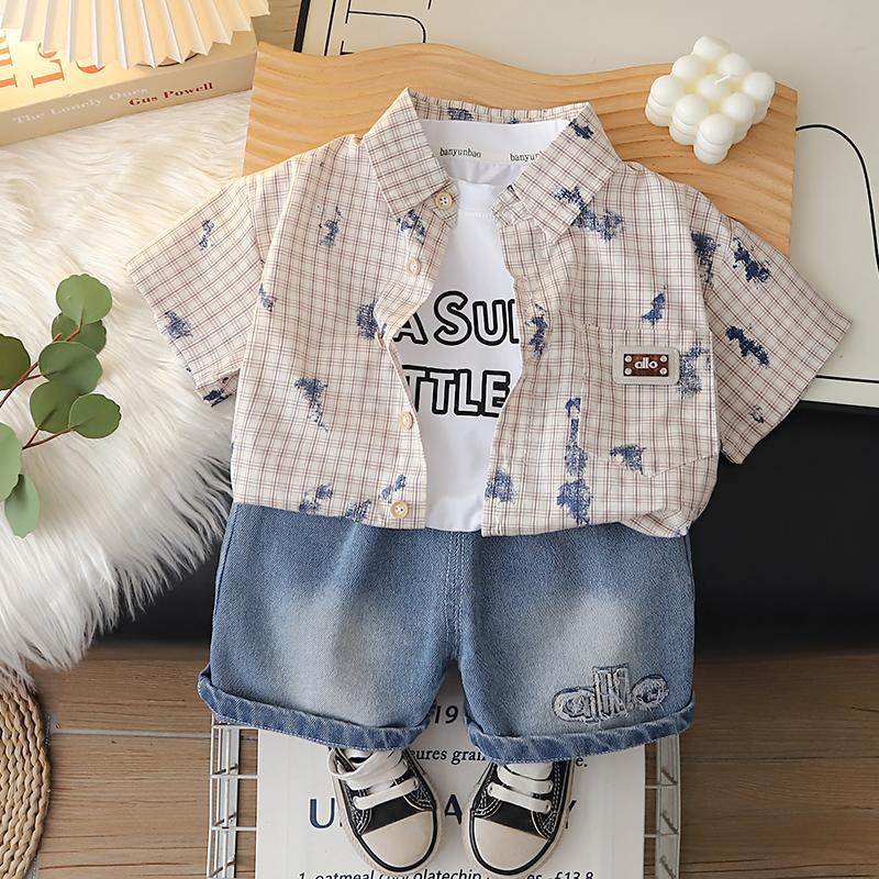 

0-5-year-old Boys short sleeved three piece summer Children s Fashion plaid shirt printed T-shirt+casual denim shorts set XXL кавовий