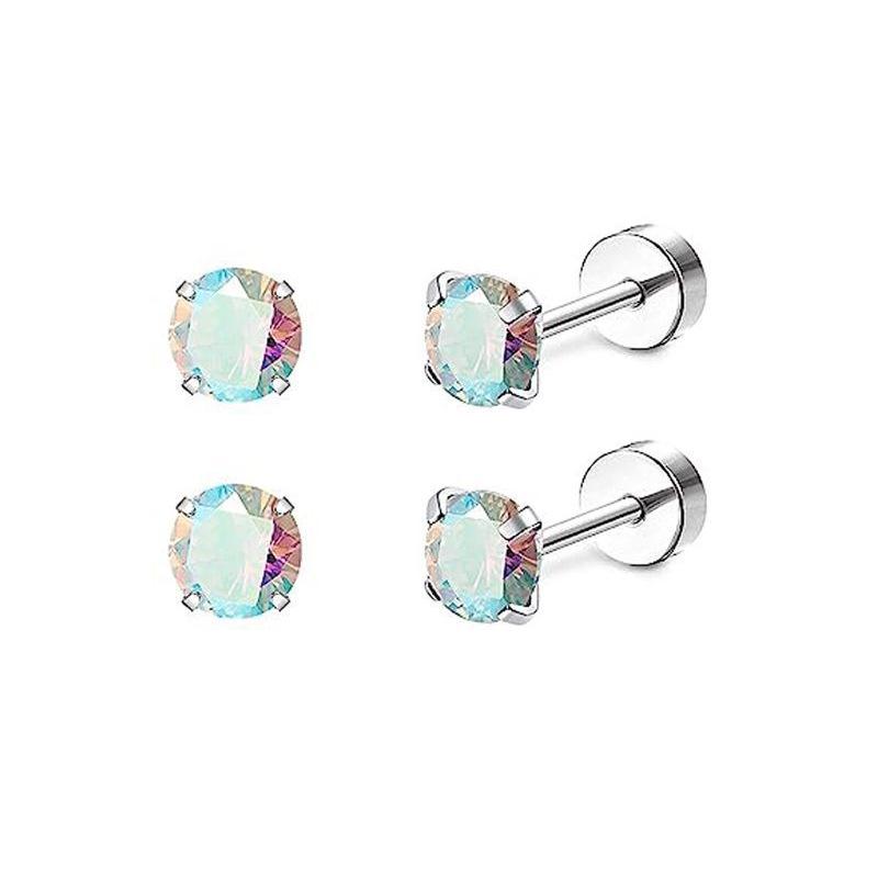 Stainless Steel Zircon Stud & Round Wire Earrings Set with Vacuum Electroplating Finish