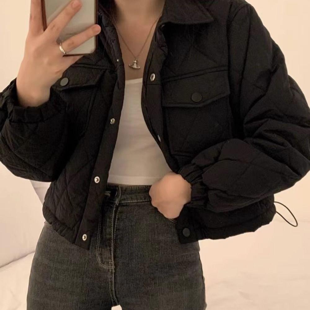 

Korean Chic Retro Short Cotton Jacket - Age-Reducing, Waist-Cinched, Long-Sleeved Women s Outerwear for Autumn/Winter M (for 96-105 jin) чёрный