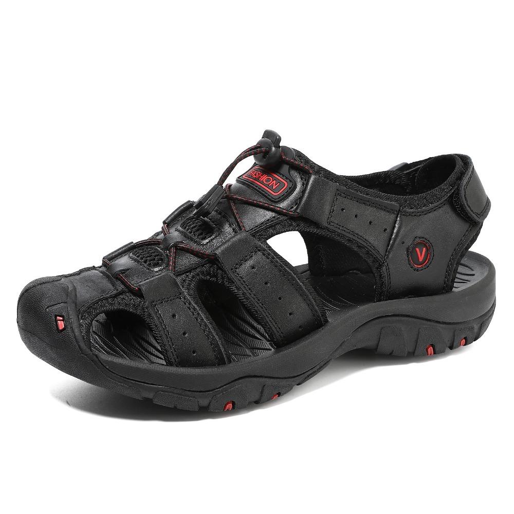 Mens Big Size Sandals Summer Genuine Leather Beach Slippers Non Slip Handmade Stitched Sandals