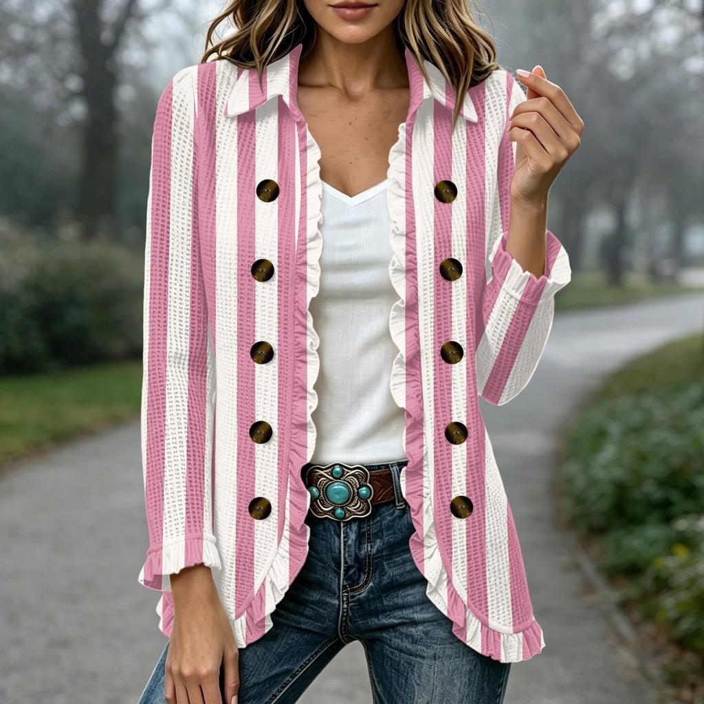 Women's Striped Print Long Sleeve Open Front Cardigan with Ruffle Trim for Casual Wear