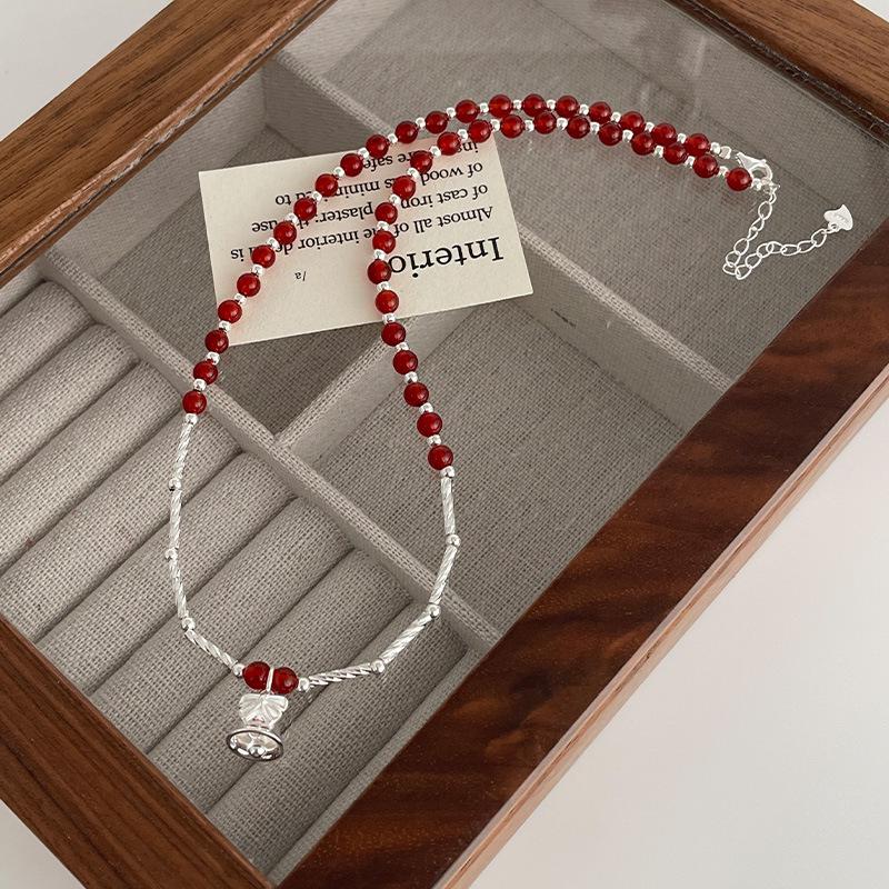 Ticky Red Agate Christmas Necklace S925 Silver Bow Bell Clavicle Chain
