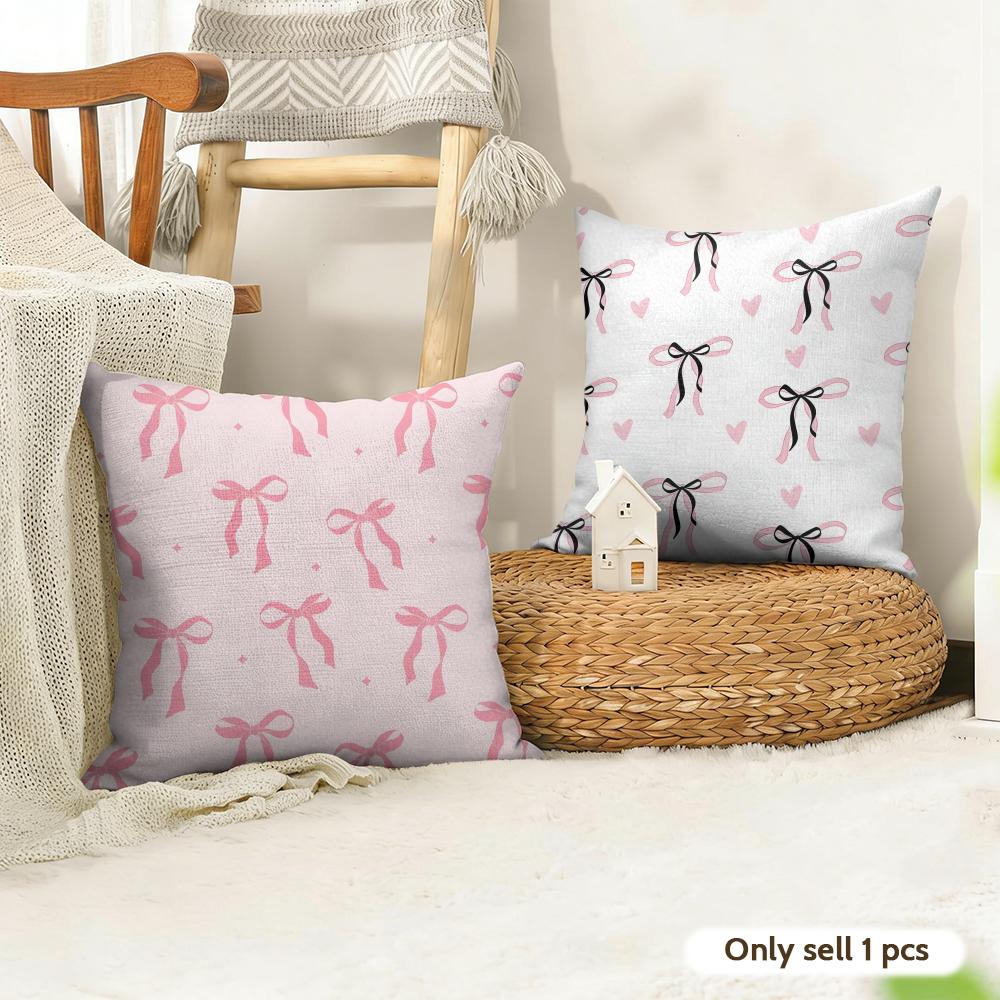 Pink Bow Cushion Cover Natural Linen Organic Fabric DoubleSided Printing Couch Pillow Covers Home Decor
