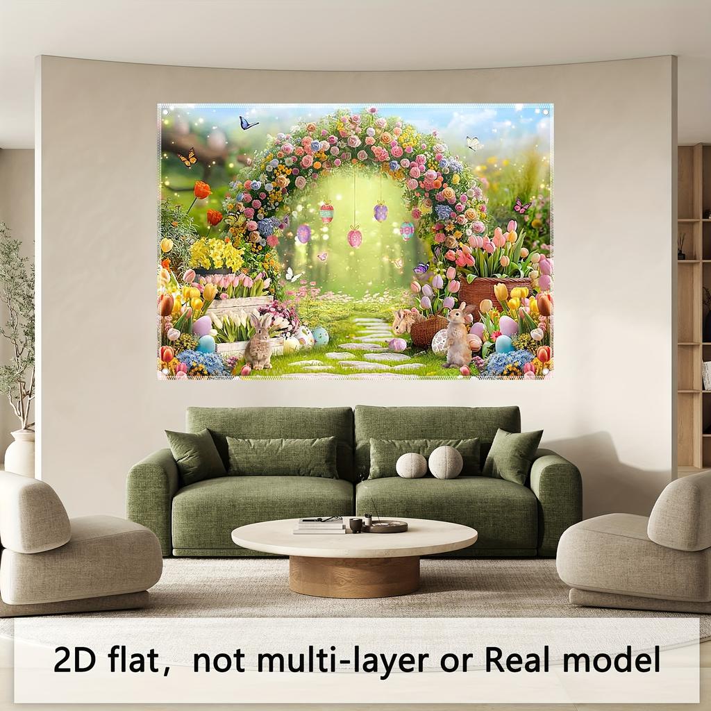1 piece, Spring Forest Path Easter, Flower Wreath Arch Green Grass Flower Rabbit Easter Egg Butterfly Photo Background