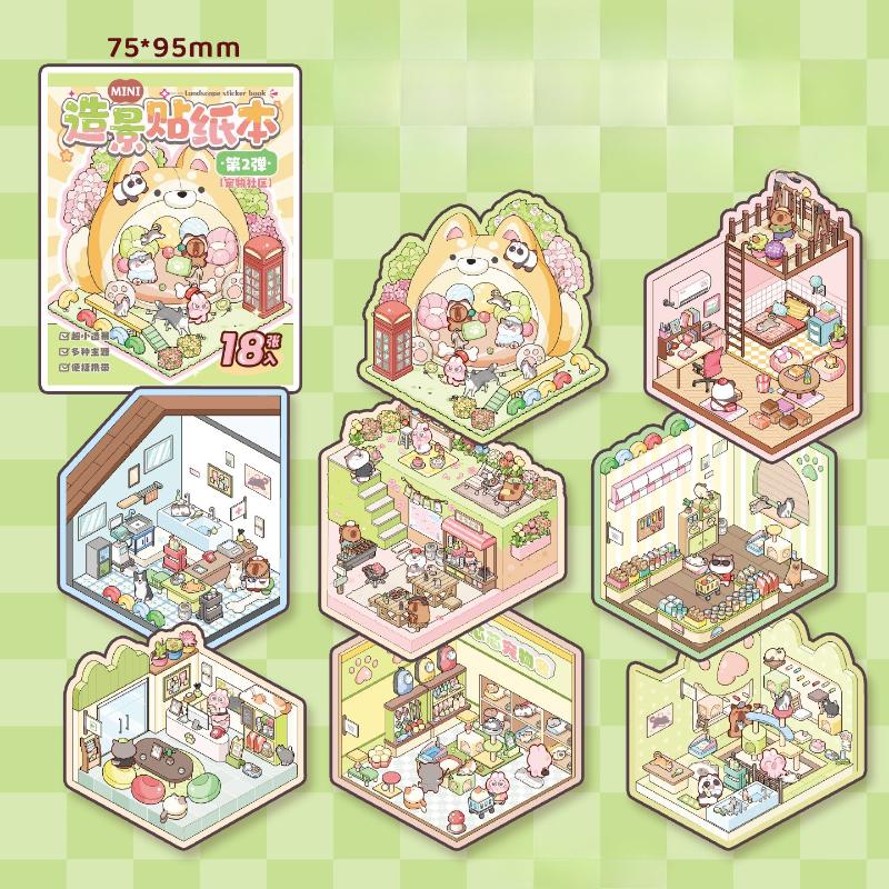 8set Mini Micro Anime Scene Sticker DIY Decor Handmade Cute Cartoon Animal Room Layout Decal Scrapbook Journal Sticker Kids Gift