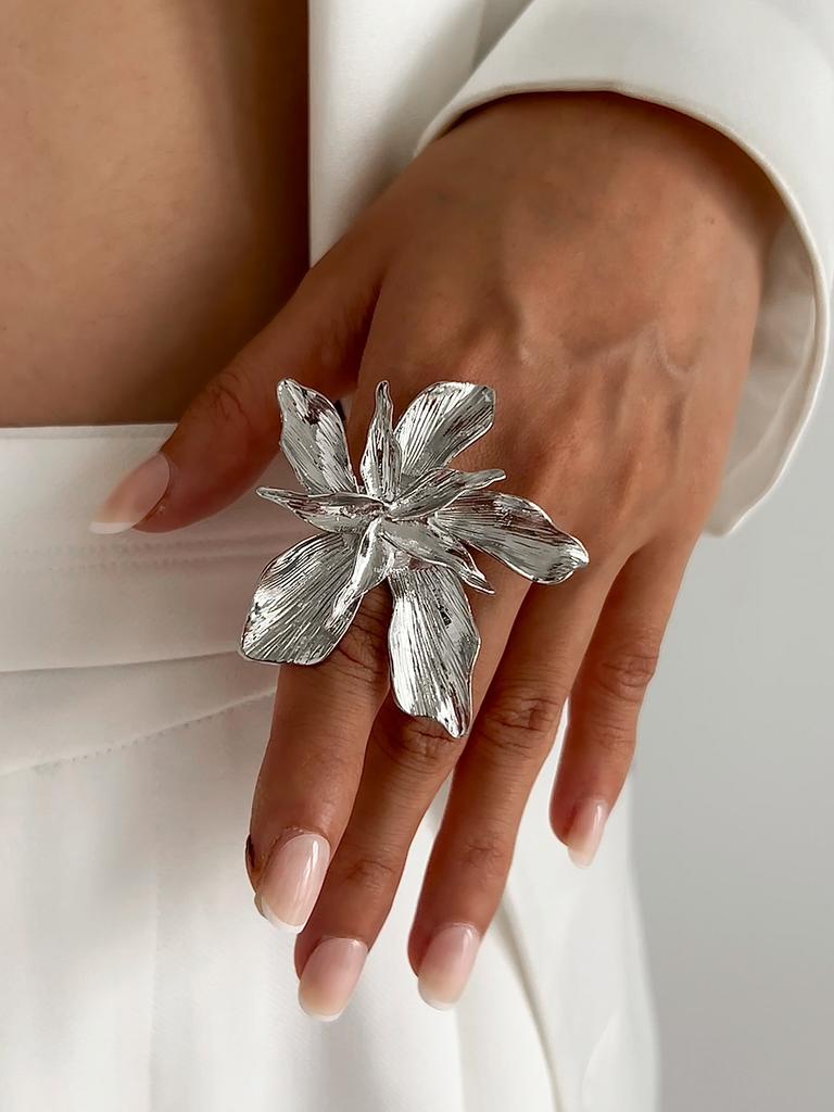 SHIXIN Vintage Creative Silver Color Large Flower Open Ring for Women Punk Imitation Pearl Party Adjustable Ring Finger Jewelry