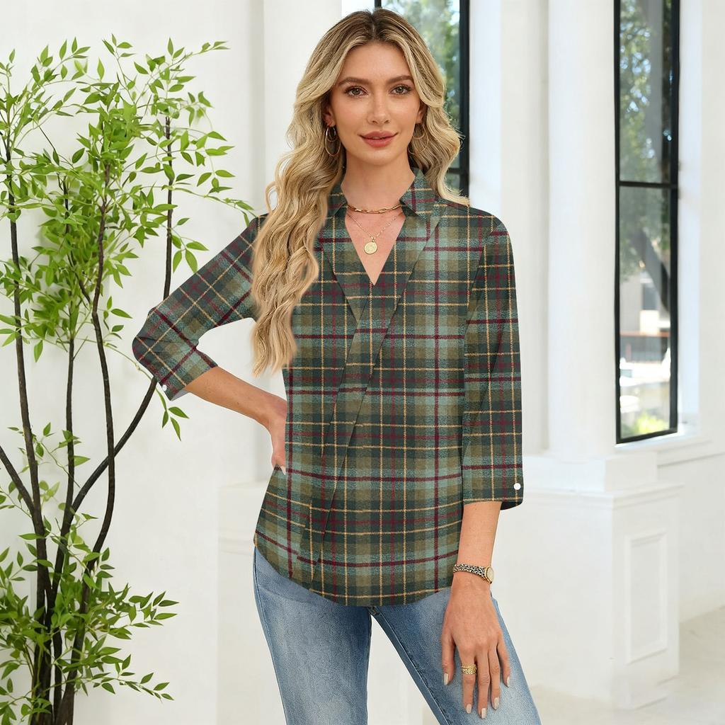 3/4-Ärmel Damenoberteile V-Ausschnitt Shirts Trendy Bedruckte Business Casual Arbeitsblusen