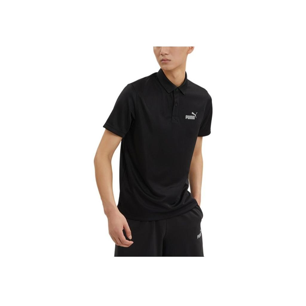 PUMA Solid Color Logo Print Half-Zip Polo Shirt Men Tops Black 671927-01