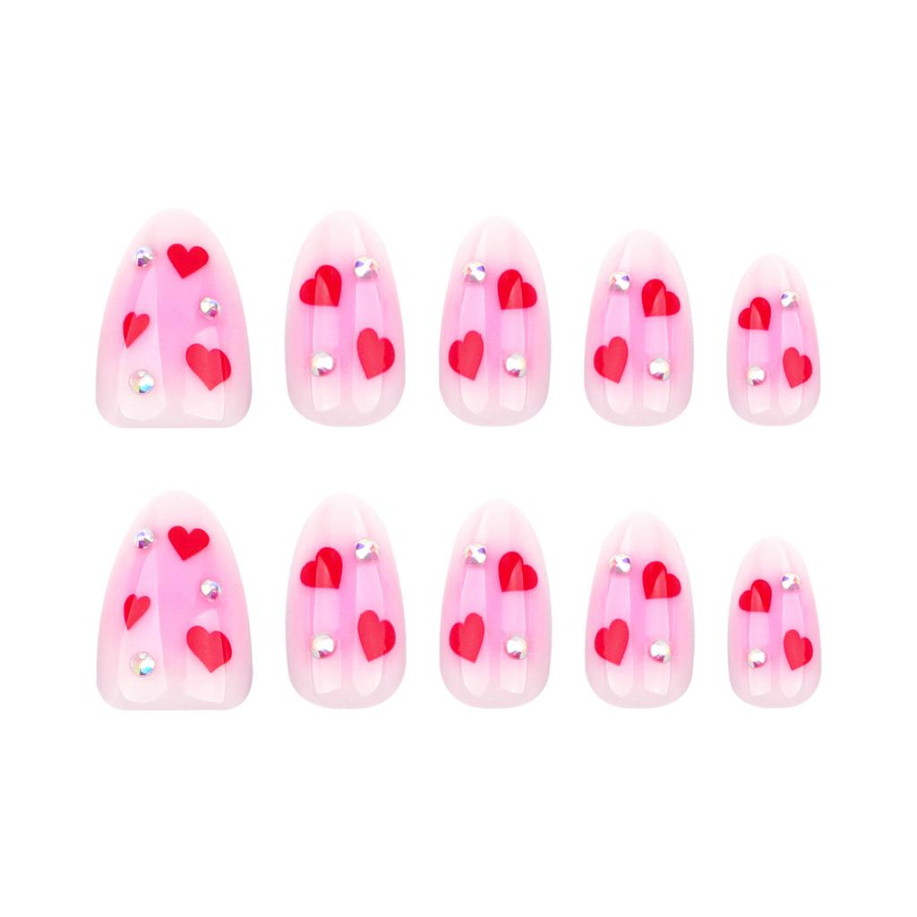 24 Pieces Valentine's Day Love Wear Nail Blush Smudge Nail Art Fake Nail Short Almond Flash Diamond Wear Nail Piece