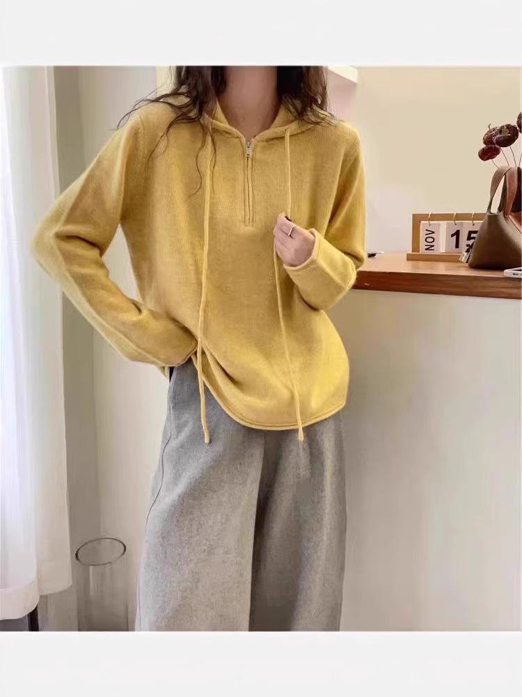 Women's Korean Style Half-Zip Hooded Wool Sweater - Slim Fit, Long Sleeve for Autumn & Winter