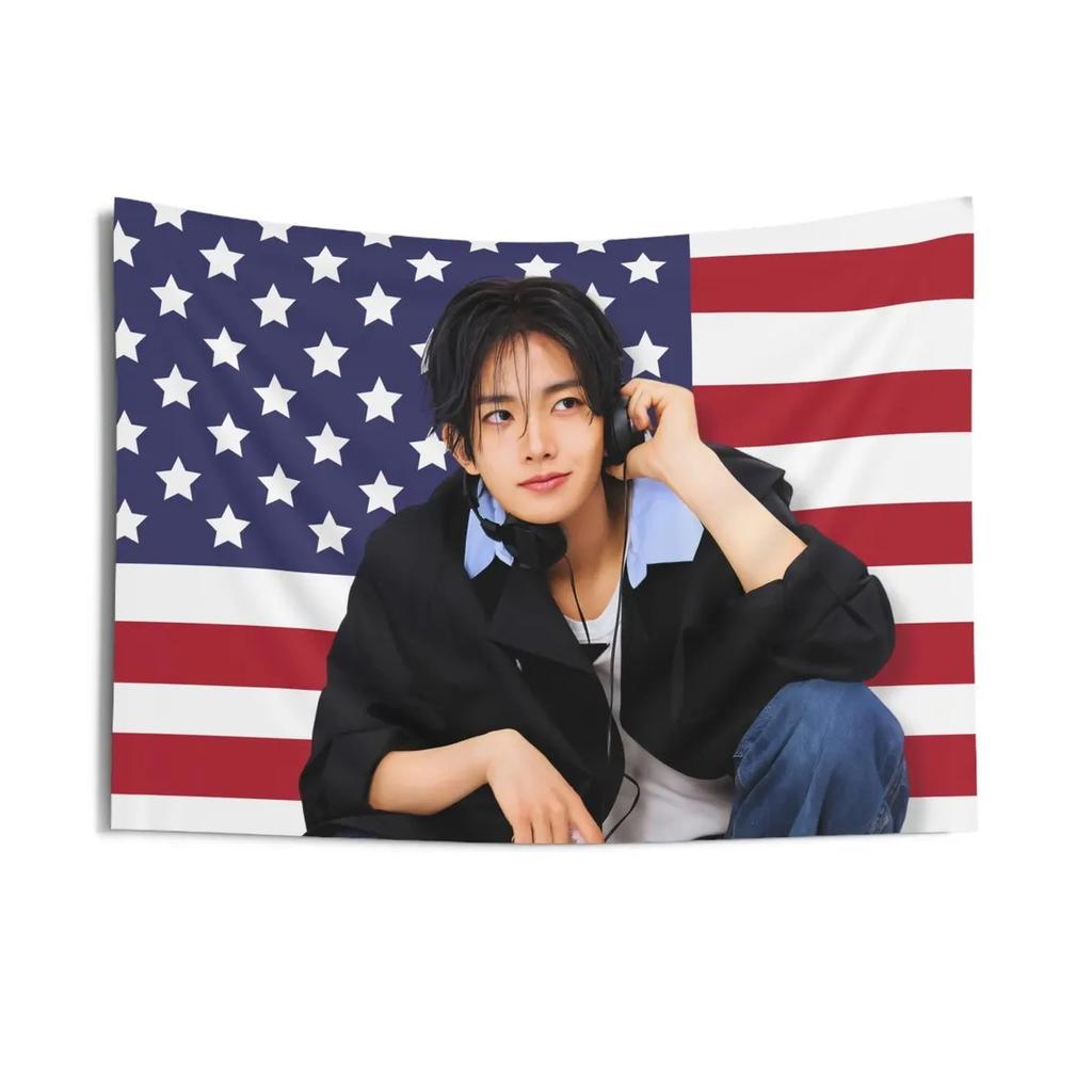 Kpop Popular Boy Group Member E-Enhypen Heeseung American Flag Print Tapestry Hippie Style Wall Hanging Fans Dorm Bedroom Decor
