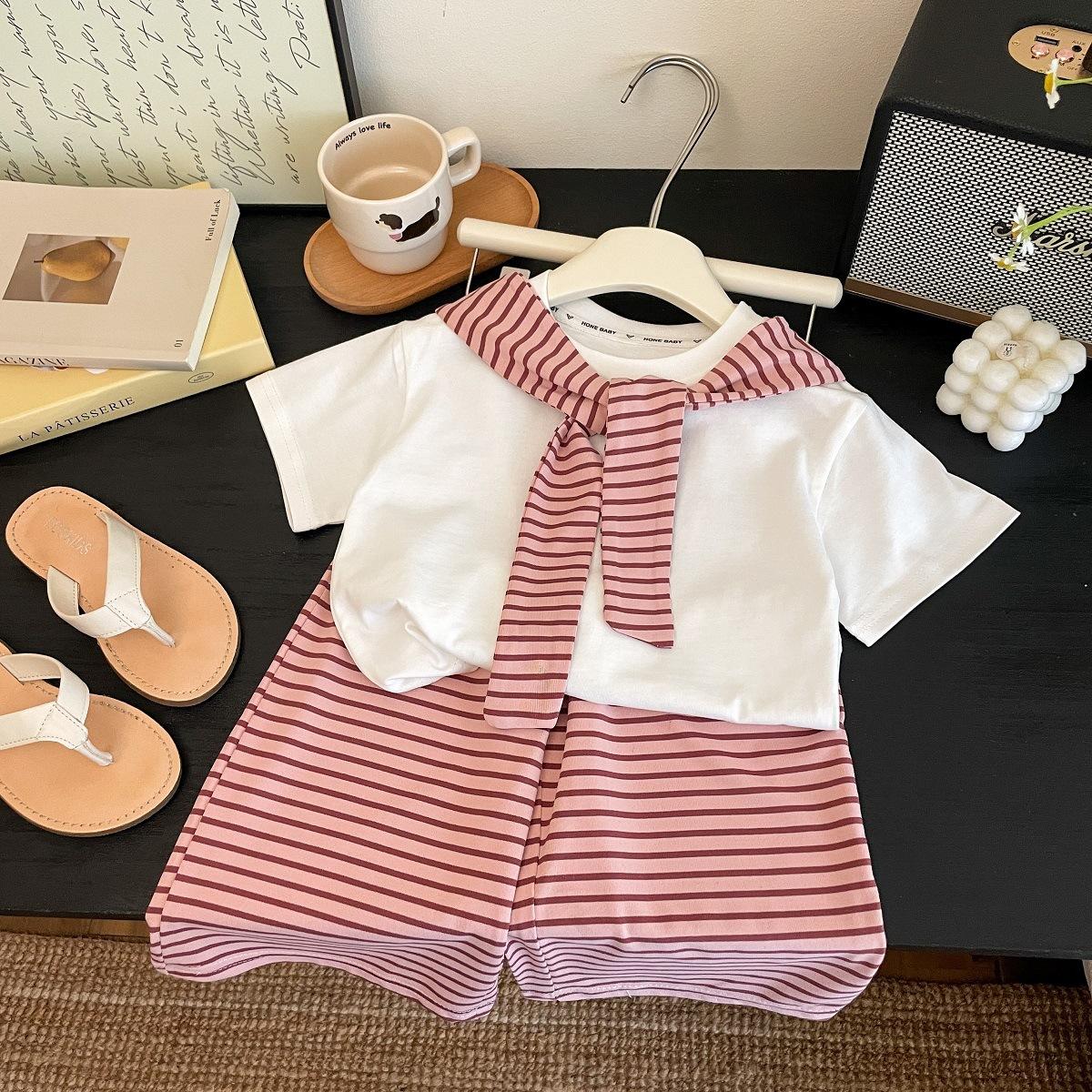 

Summer Girls Sets Children Short-sleeved Suit Kids T-shirt with Stripes Shawls+Wide-leg Pants 2Pcs Outfits Teen Casual Clothes 170cm