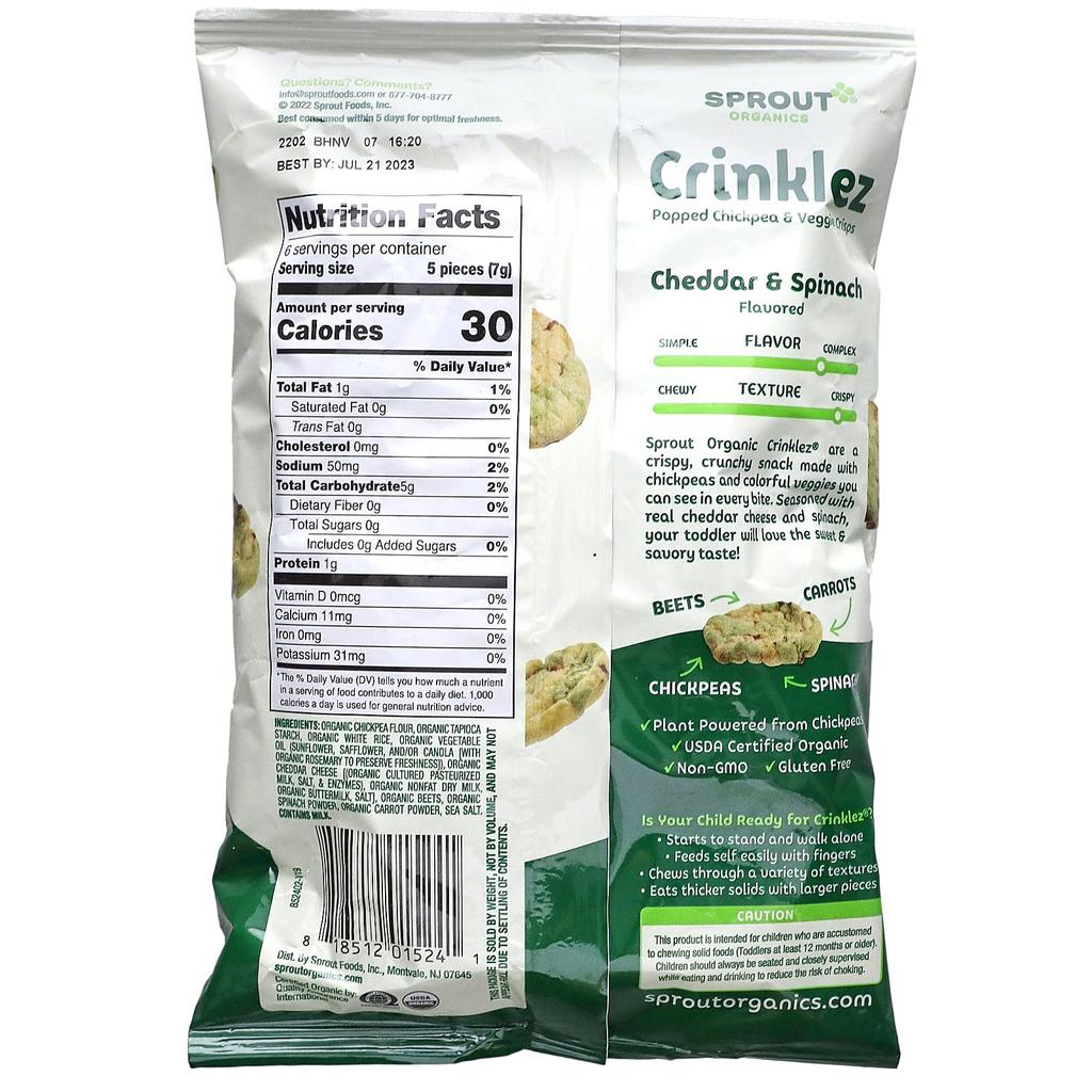 Sprout Organics, Crinklez, Fried Chickpea & Veggie Snack, 12+ Months, Cheddar Cheese & Spinach, 42G (1.48 oz)