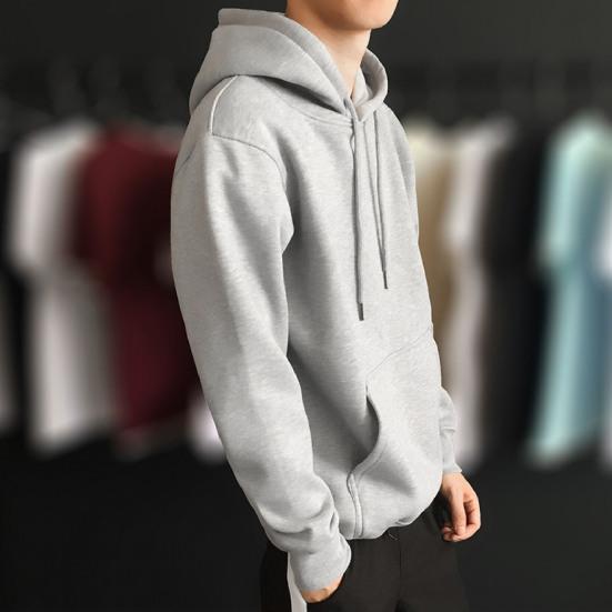 Men Hoodie Solid Color Ribbed Cuff Autumn Winter Drawstring Warm Sweatshirt for Daily Wear