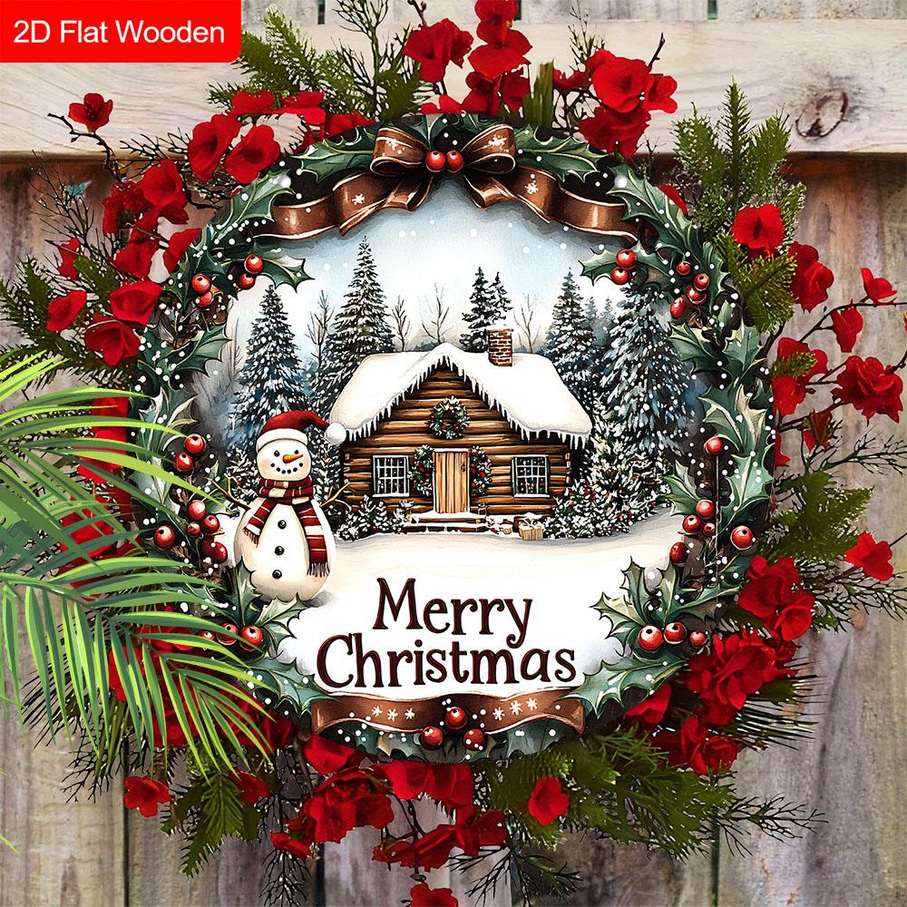 Wooden Christmas Sign with Snowman & Snow House Pattern - Navidad Round Sign for Front Door, Wall Hanging Decor - Ideal Christmas Decoration