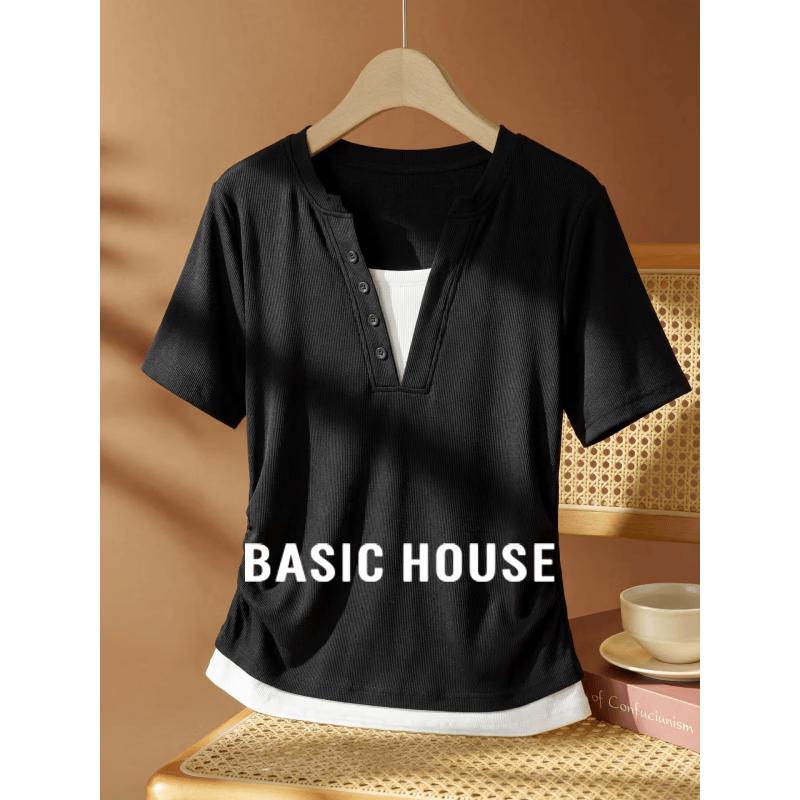 Basic House Women s Faux Two-Piece V-Neck Short Sleeve T-Shirt M