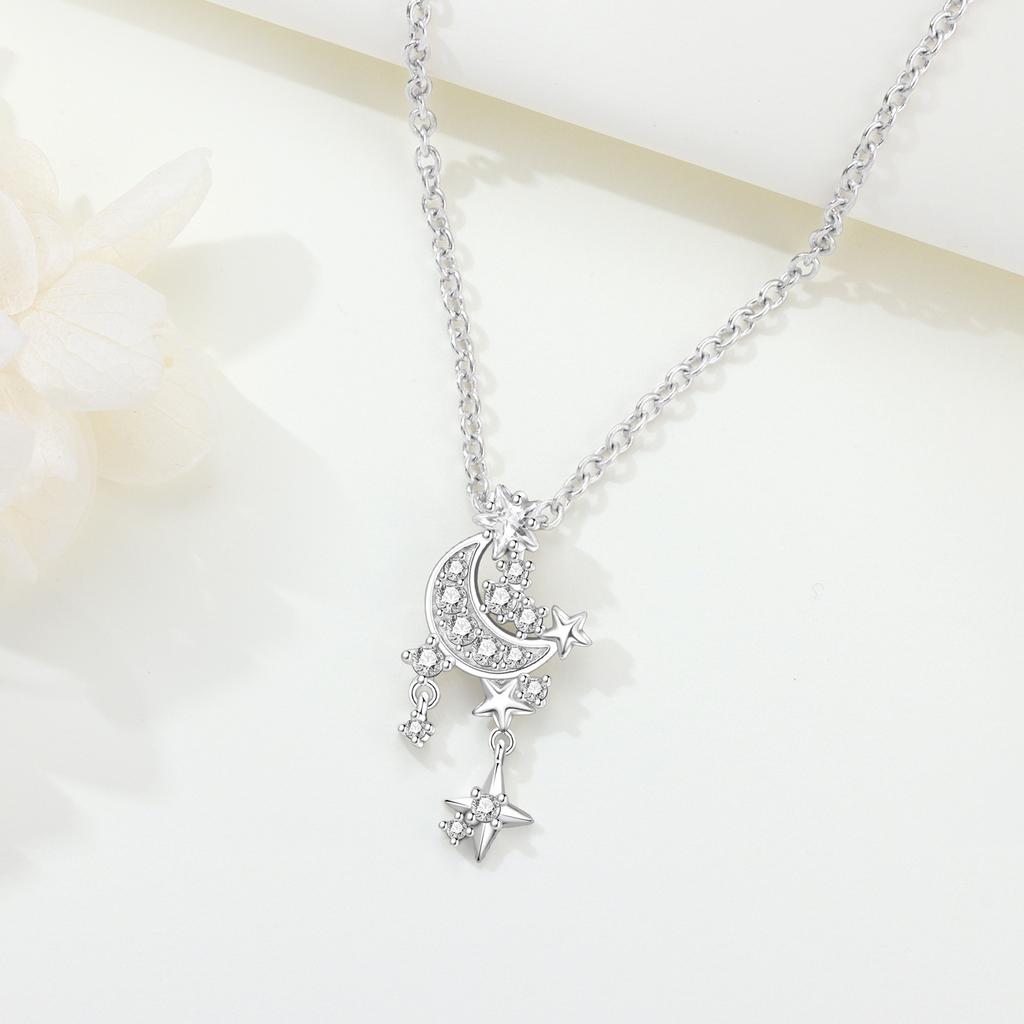 S925 Silver Fashion Star Moon Double Chain Drop Pendant Moon Octagram Zircon Fringe Necklace