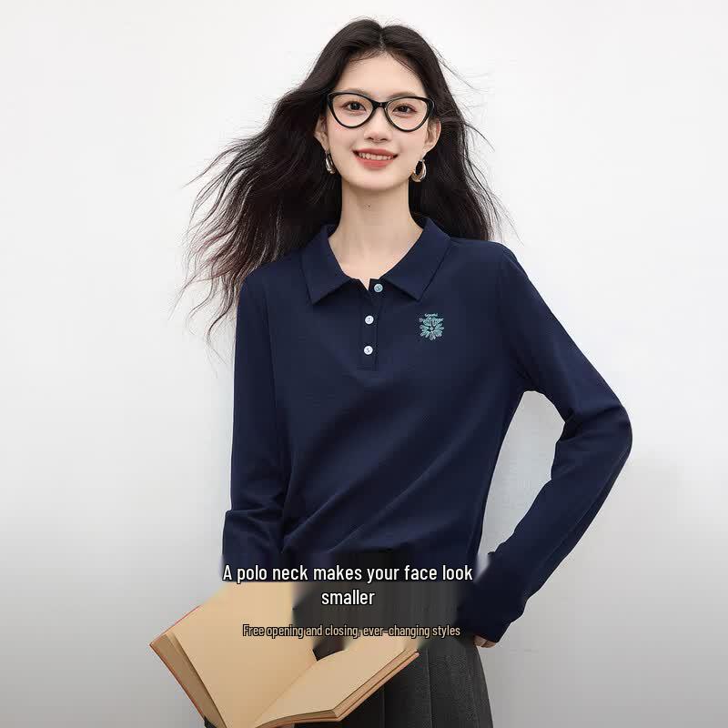 Sllsky Women s Daisy Embroidered Polo Collar Long-Sleeve T-Shirt M