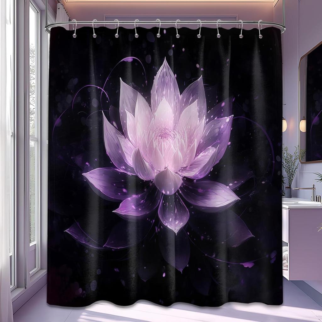 Black And Gold Shower Curtain Lotus Flower For Bathroom Decor Decorative Yellow Golden Floral Bath Curtain Set With Hooks