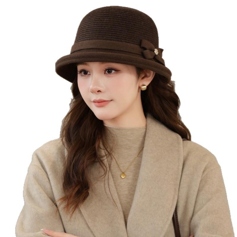 Autumn and winter ladies woolen woolen basin hat elegant versatile bucket hat showing face small Hepburn style top hat retro mother hat