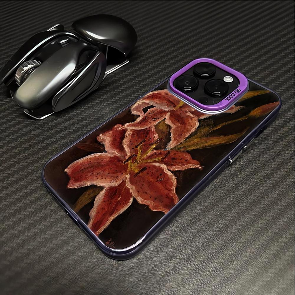 

Dark Oil Painting Red Lily Print Clear Phone Case for iPhone 17 16 15 14 13 12 11 Pro Max Anti-Scratch Protective Cover Funda For iPhone 11 Pro