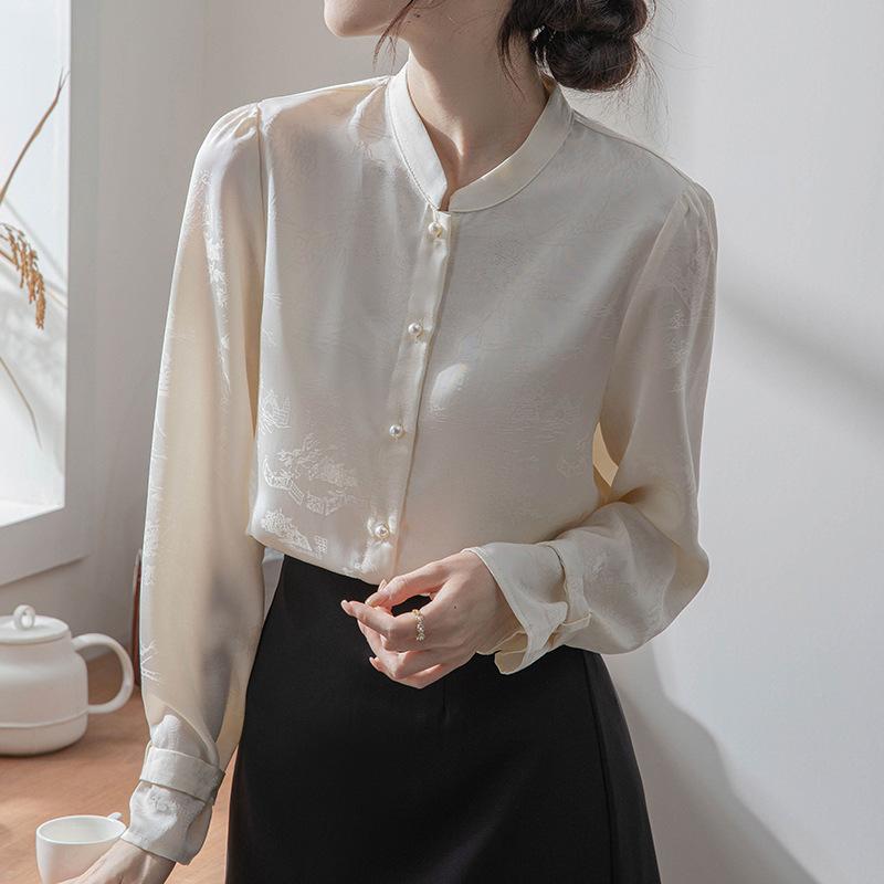 Jacquard Standing Collar Shirt for Women Spring and Autumn Niche Vintage French Layering Top