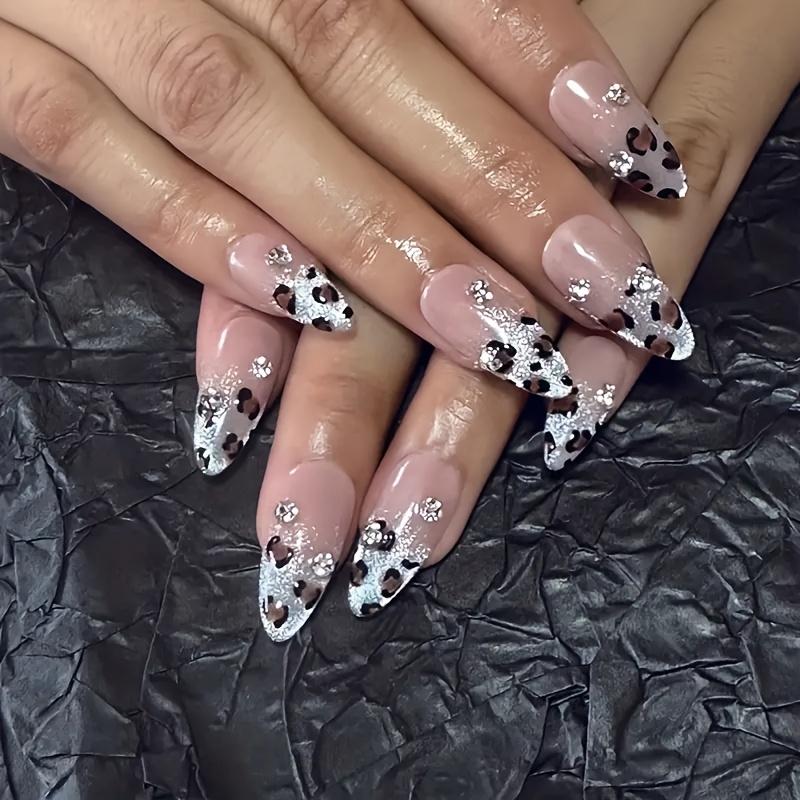 10Pcs Handmade Leopard Print Cat Eye Fake Nails Medium Long Glitter Press On Nail Art Decorations