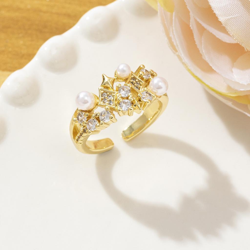 Fashion Design, Pearl Open Ring, Women's Light Luxury, Elegant and High-end Temperament, Full of Diamonds, Zircon Ring.