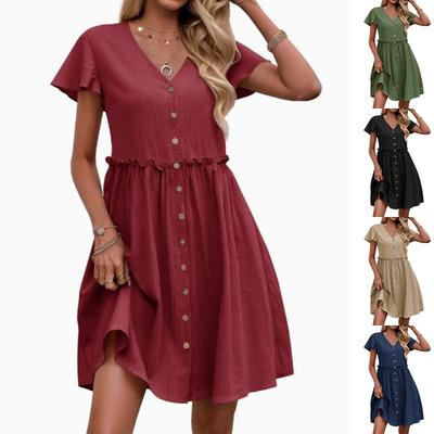 Einfarbige Lässige Lockere Kurze Kleider Für Damen Mode Sommer Damen A-Linie Midi-Kleid Elegante Vintage Damenkleider