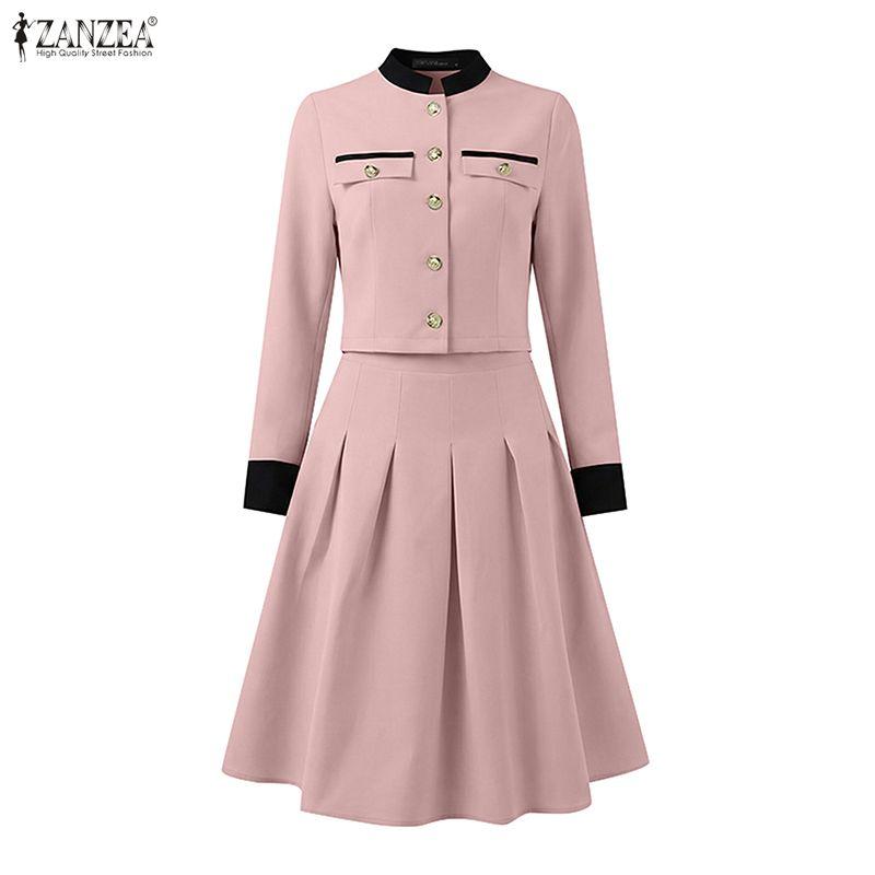 ZANZEA Women Long Sleeve Blouse and A-line Skirts Casual Two Piece Suit Sets