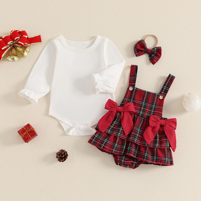 

Newborn Infant Baby Girls 3Pcs Christmas Outfits Long Sleeve Romper Tops + Suspender Plaid Bow Overalls + Headband Set 60