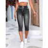 Damen Denim Jeans Shorts Hohe Taille Stretch Kordelzug Knielang Rissiges Loch Jean Hosen