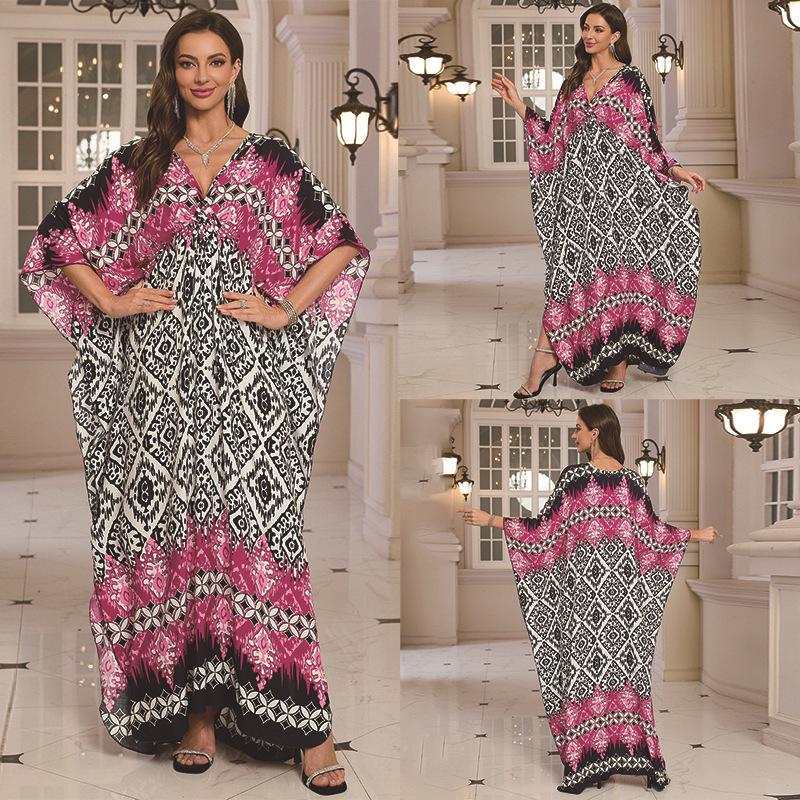 2025 European & American Cotton Printed Beach Dress Women's Long Loose Cover-Up with Sun Protection