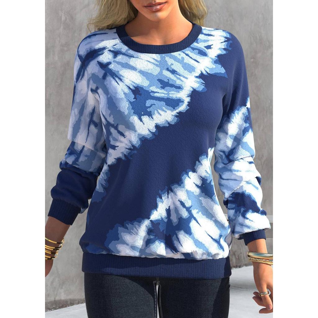 GMXIA Outono Feminino Tie Dye Estampado Top Gola Redonda com Ombro Manga Comprida Casual Solto Guarda