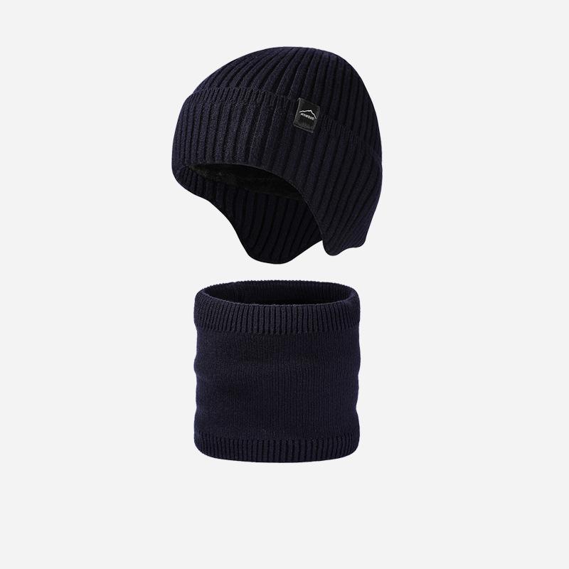 

Вязаная шапка Мужская флисовая однотонная шапка Шарф Комплект Зимняя уличная теплая шерстяная шапка темно-синий