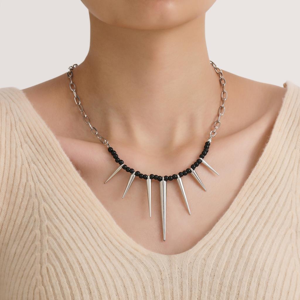 Beaded Black Fashionable Layered Chain Necklace With Geometric Alloy Pendant Women For