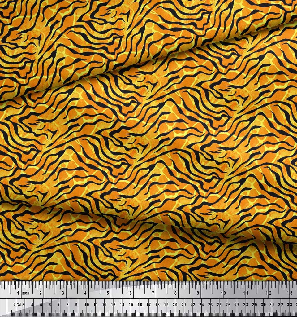 Soimoi Orange Poly Crepe Fabric Tiger & Ziraffe Animal Skin Printed Fabric 1 metre 42 Inch