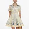 Summer Women Short Sleeve Print Single Breasted Mini Short Party Dresses with Belt