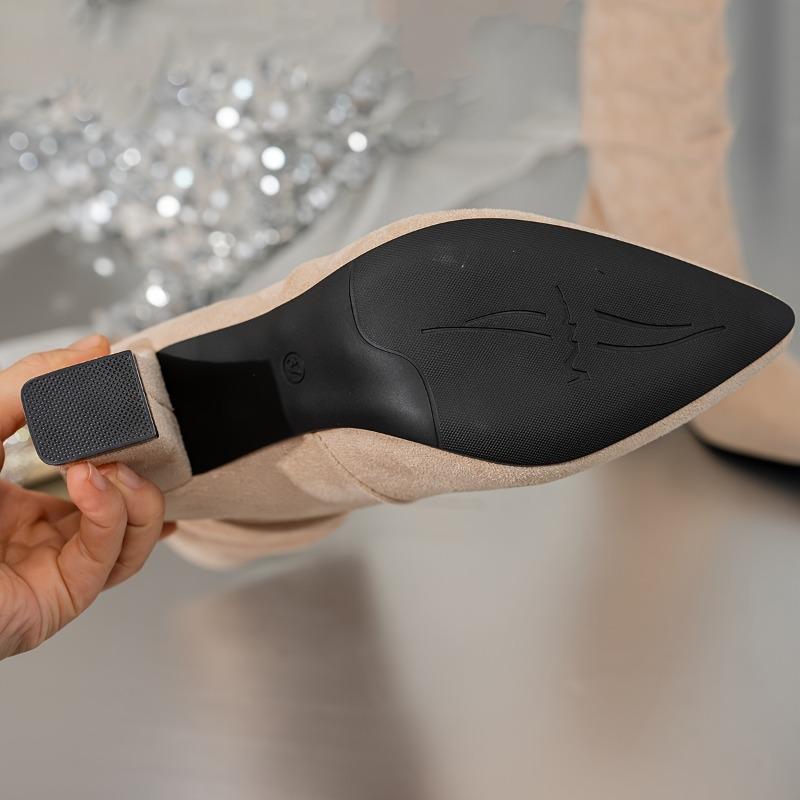 Women Pleated Flocks High Thick Heel Mid-Calf Boots For Outdoor Office Evening Party Wedding Banquet Botas De Mujer Shoes