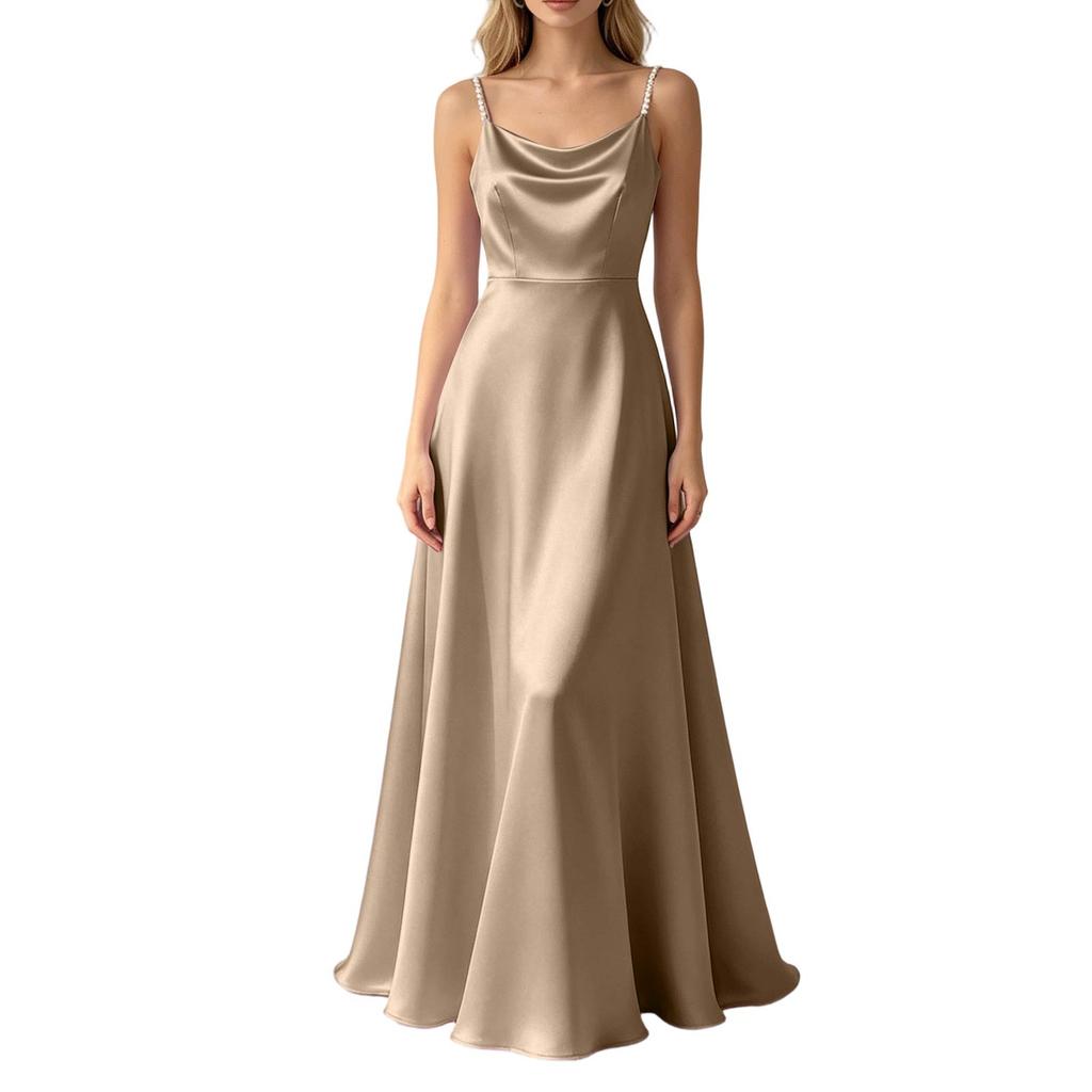 Sleeveless Satin Long Dress with Beaded Spaghetti Straps Floor Length Slim Fit Evening Gown Elegant Formal Occasion Dress
