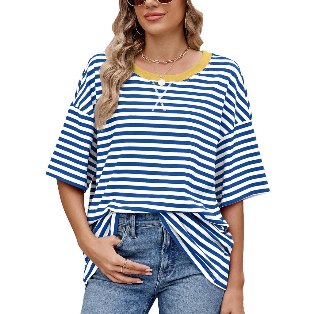 Frühling und Sommer Neues Damen Gestreiftes Kontrast-Lose Kurzarm-T-Shirt