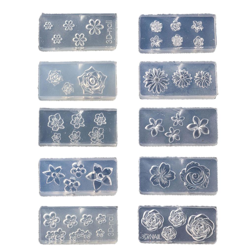 10PCS Silicone Nail Art Moulds Flower Nail Art Template Moulds Silicone Texture for Beauticians and Nail Art Learners