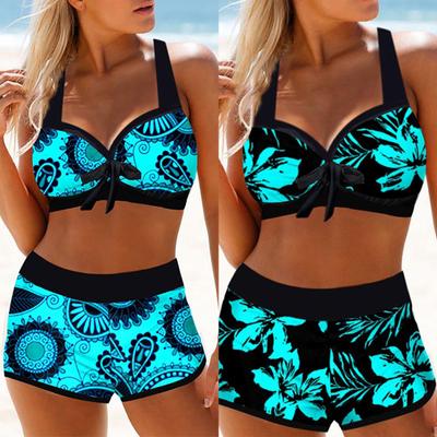 2 Pcs/Set Stylish Women Swimsuit Set Floral Print Breathable Boxers Halter Neck Women Bikini Set for Beach