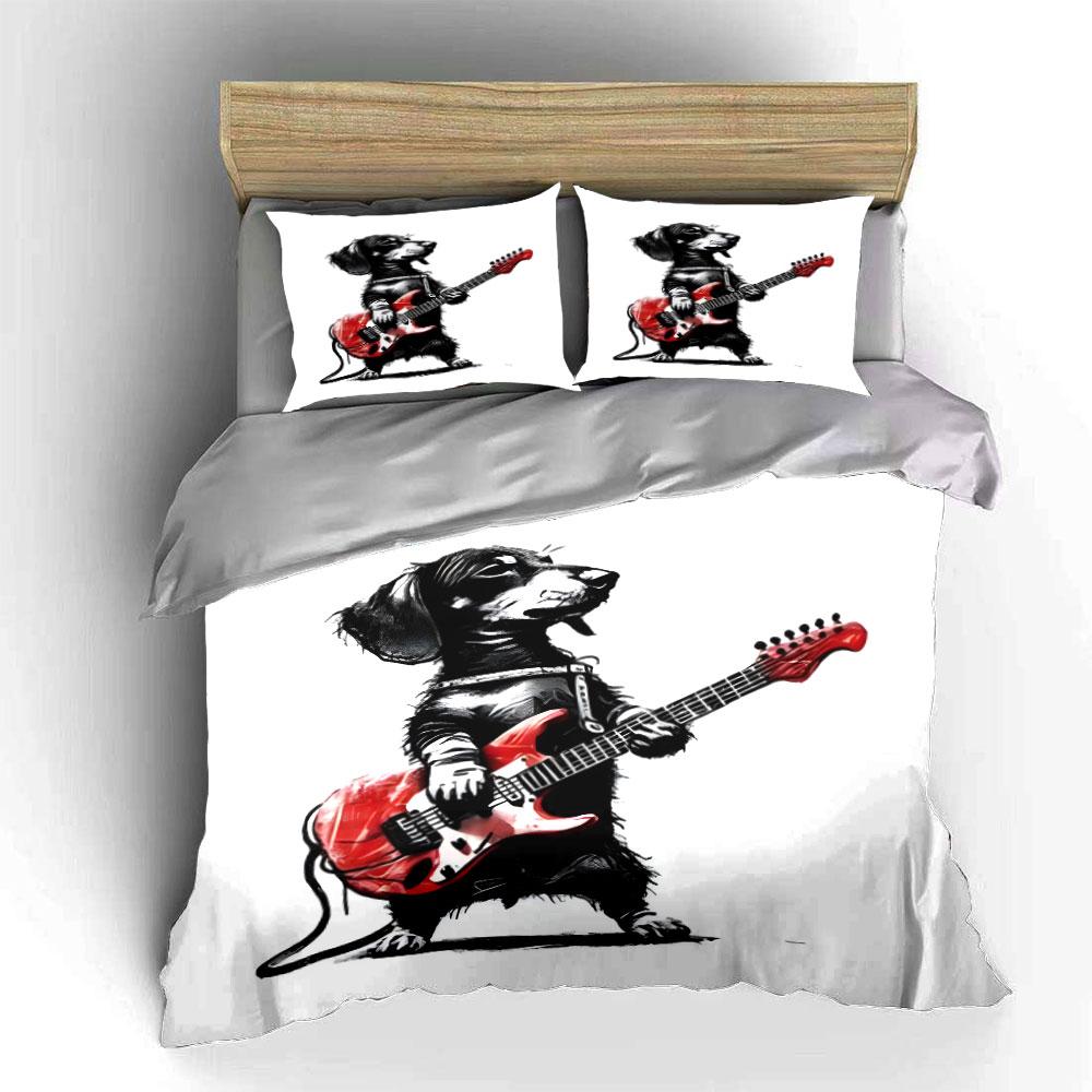 3Pcs Dog With Red Electric Guitar Duvet Cover Set With 3D Printing Design Soft Polyester Bedding Set All-Season Comfort