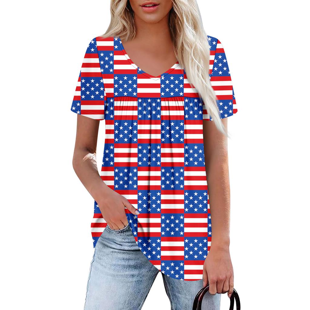 Women's Casual V-Neck Short Sleeve Chest Ruffle Printed Top