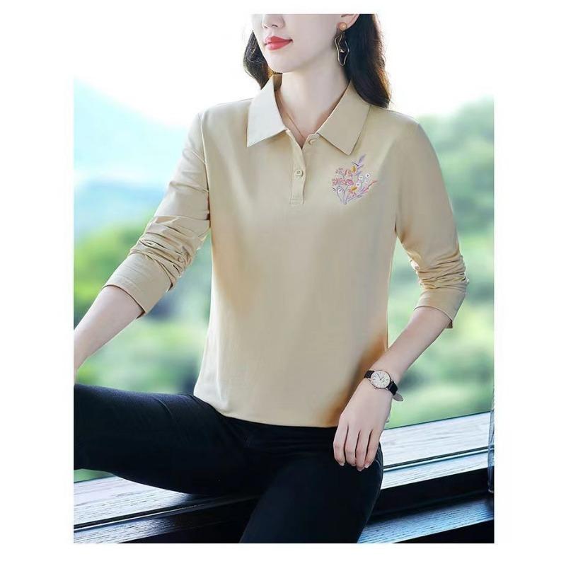 Summer Women Floral Embroidery Polo Long Sleeve Sport Shirt