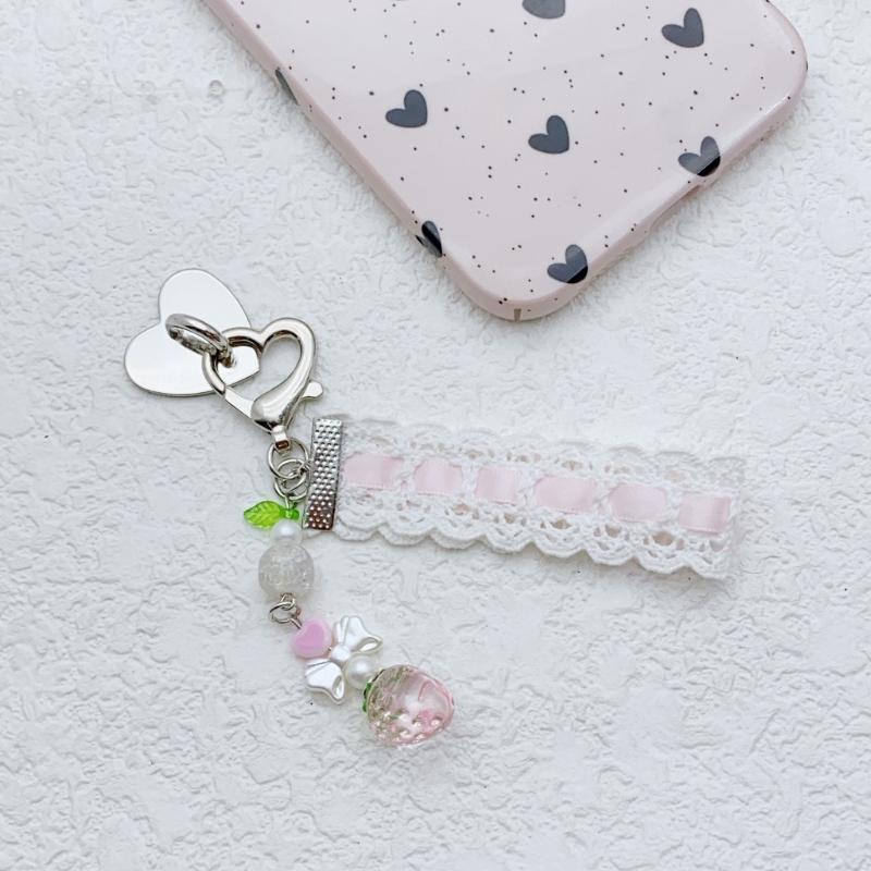 Strawberry Beaded Phone Accessory Unique Pink Lace Ribbon Beaded Phone Tassels with Strawberry and Pendant