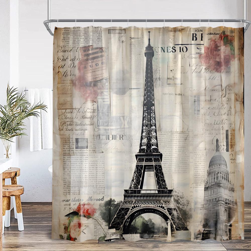 Paris Eiffel Tower Vintage Shower Curtain Purple Flower Old Newspaper Pattern Bathroom Decor Retro Bathtub Curtain with Hook